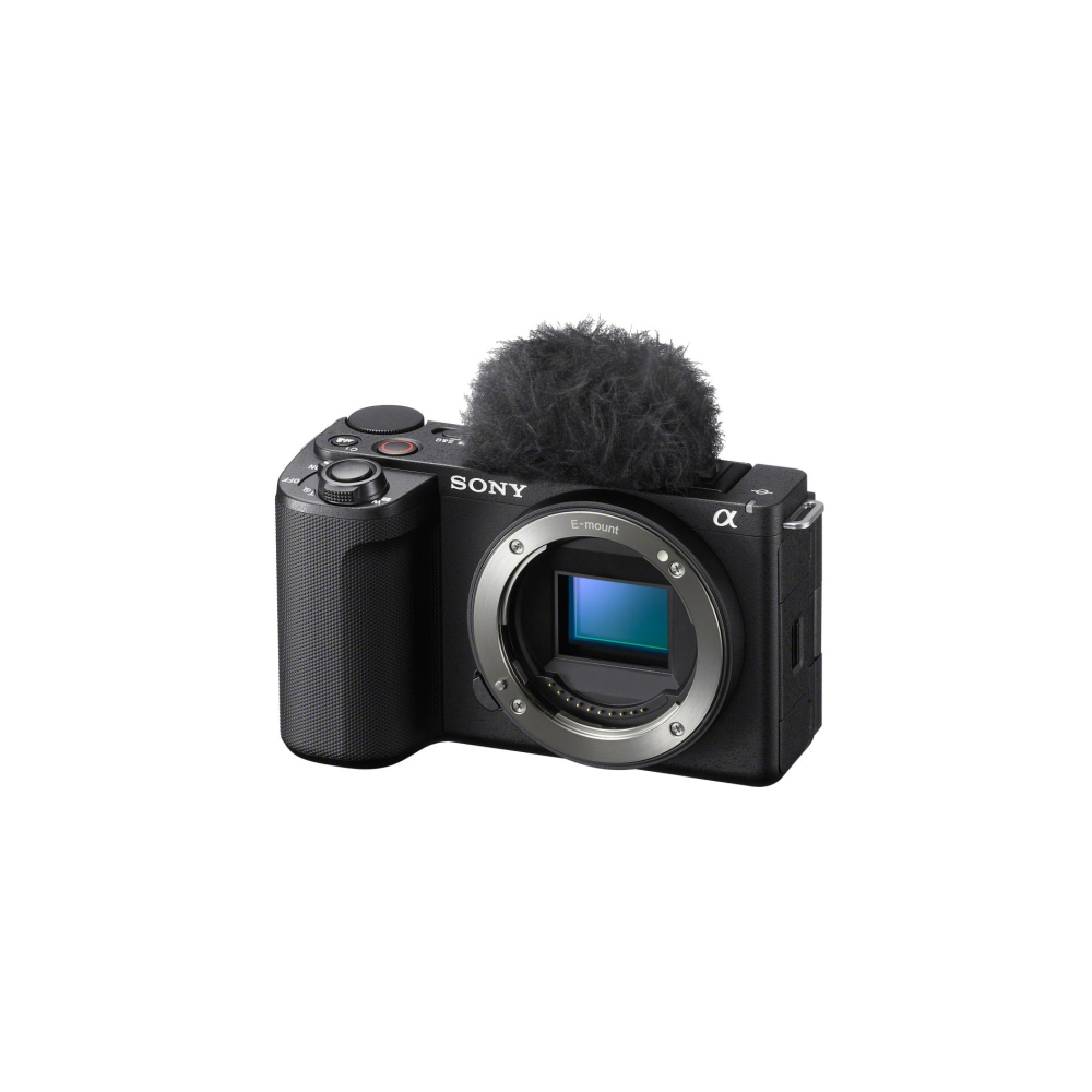 Fotocamera Sony nera con microfono peloso e attacco E
