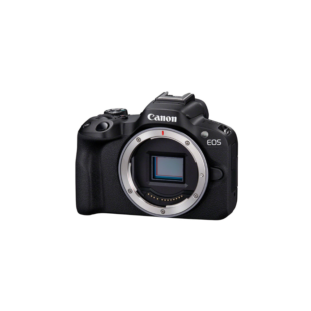 Black Canon EOS camera with lens mount, on a white background.