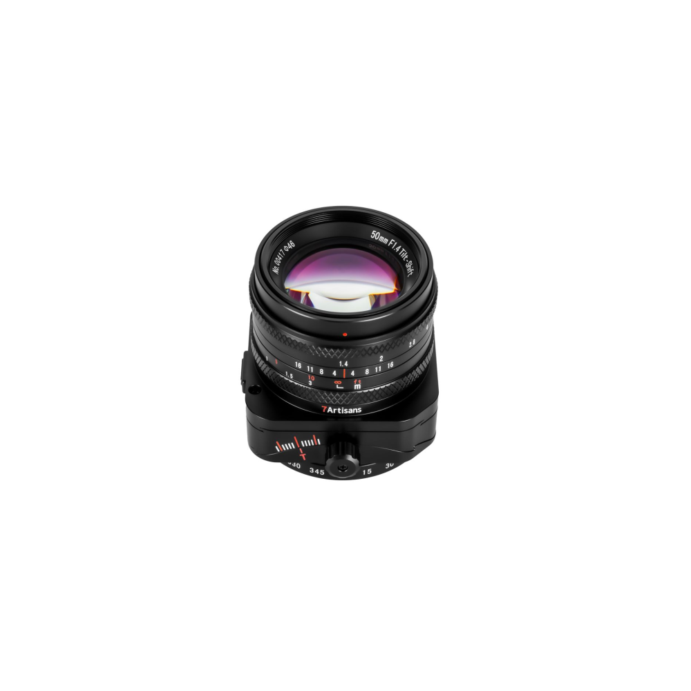 Een zwarte 50mm F1.4 Tilt-Shift lens met schalen en markeringen.