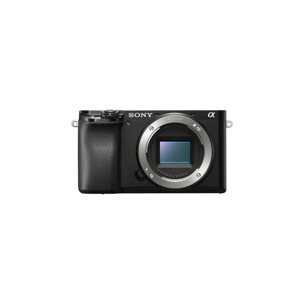 Black Sony Alpha digital camera with E-mount lens.
