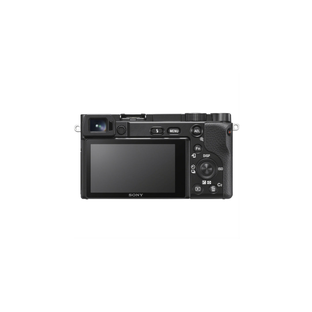 Back view of a black Sony camera with LCD screen and control buttons.