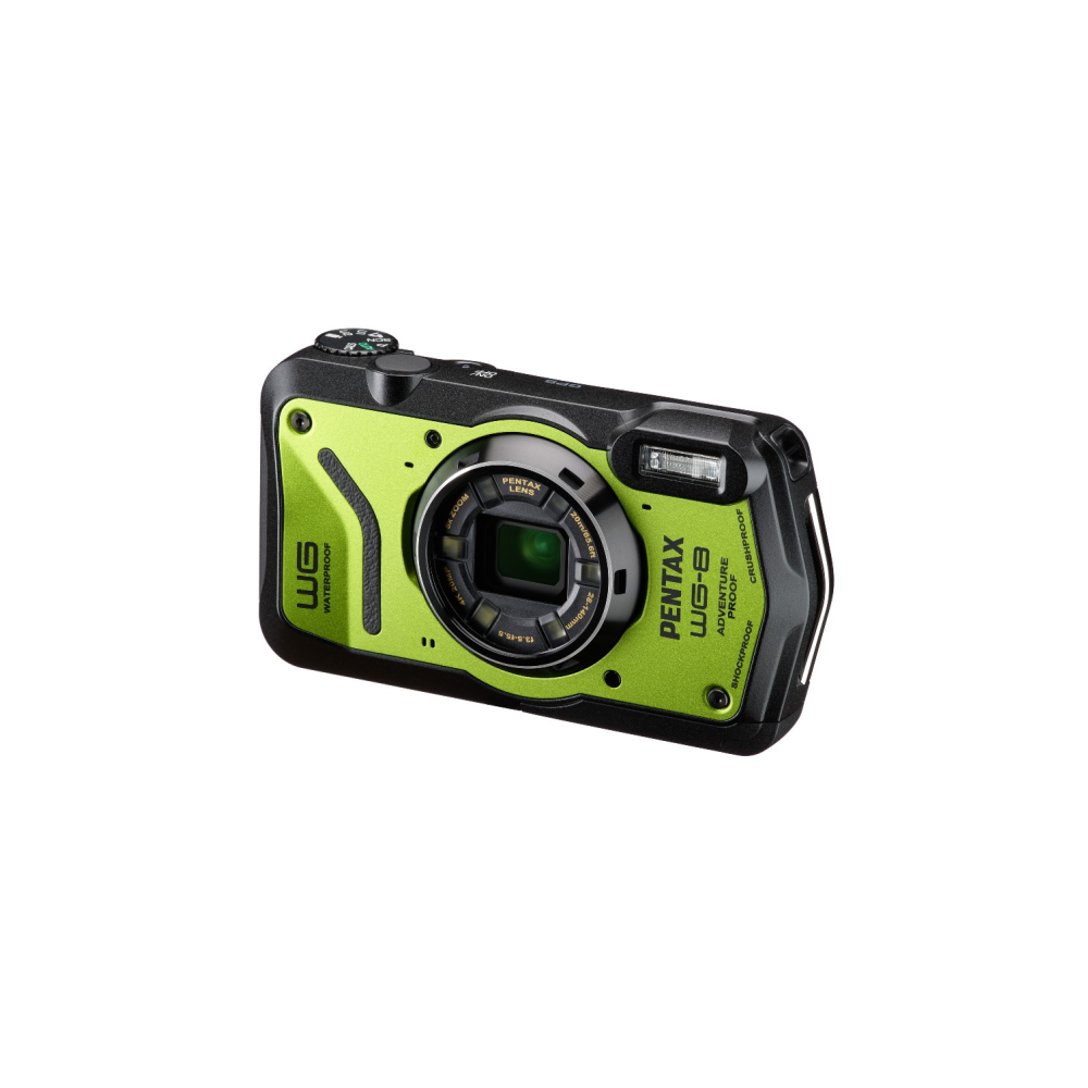 Grüne Pentax WG-8 Kamera mit schwarzem Gehäuse, wasserdicht.