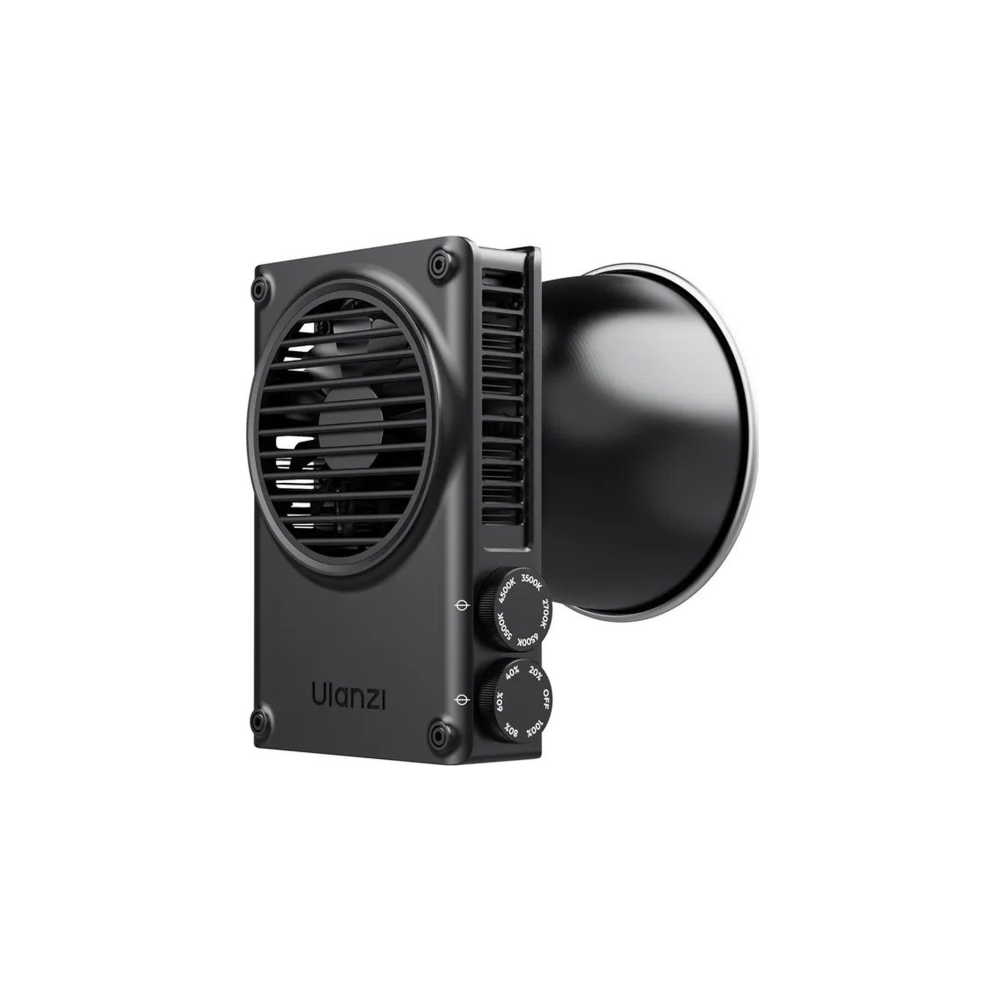 A black, rectangular fan with cooling fins and two control knobs.