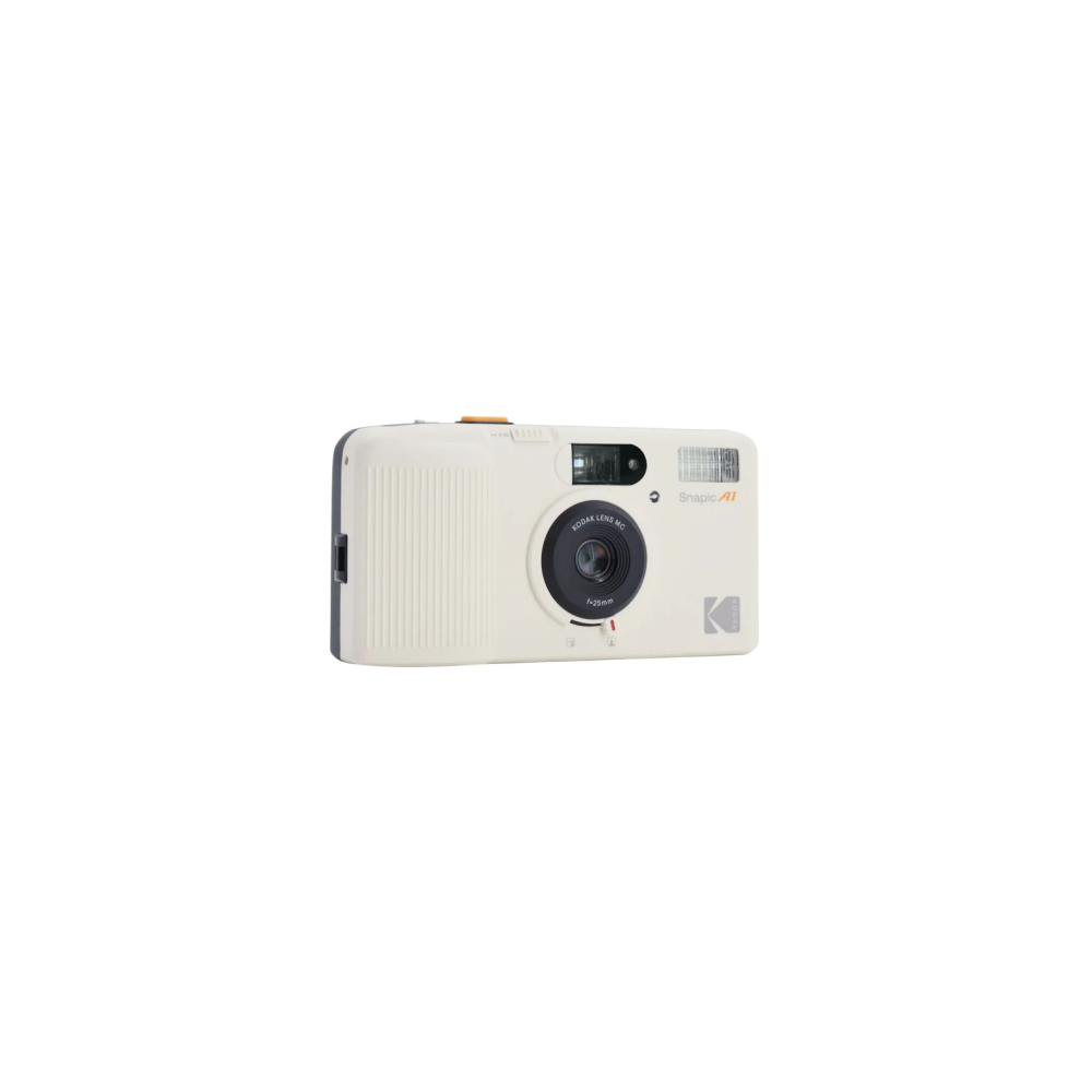 Una fotocamera Kodak Snapic A1 bianca con bordo nero e flash.