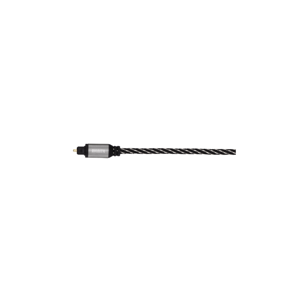 Optyczny kabel audio ze srebrnym złączem i czarno-białym plecionym kablem.