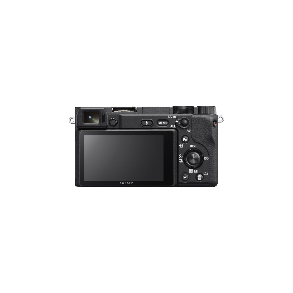 Back view of a black Sony camera with LCD screen and control buttons.