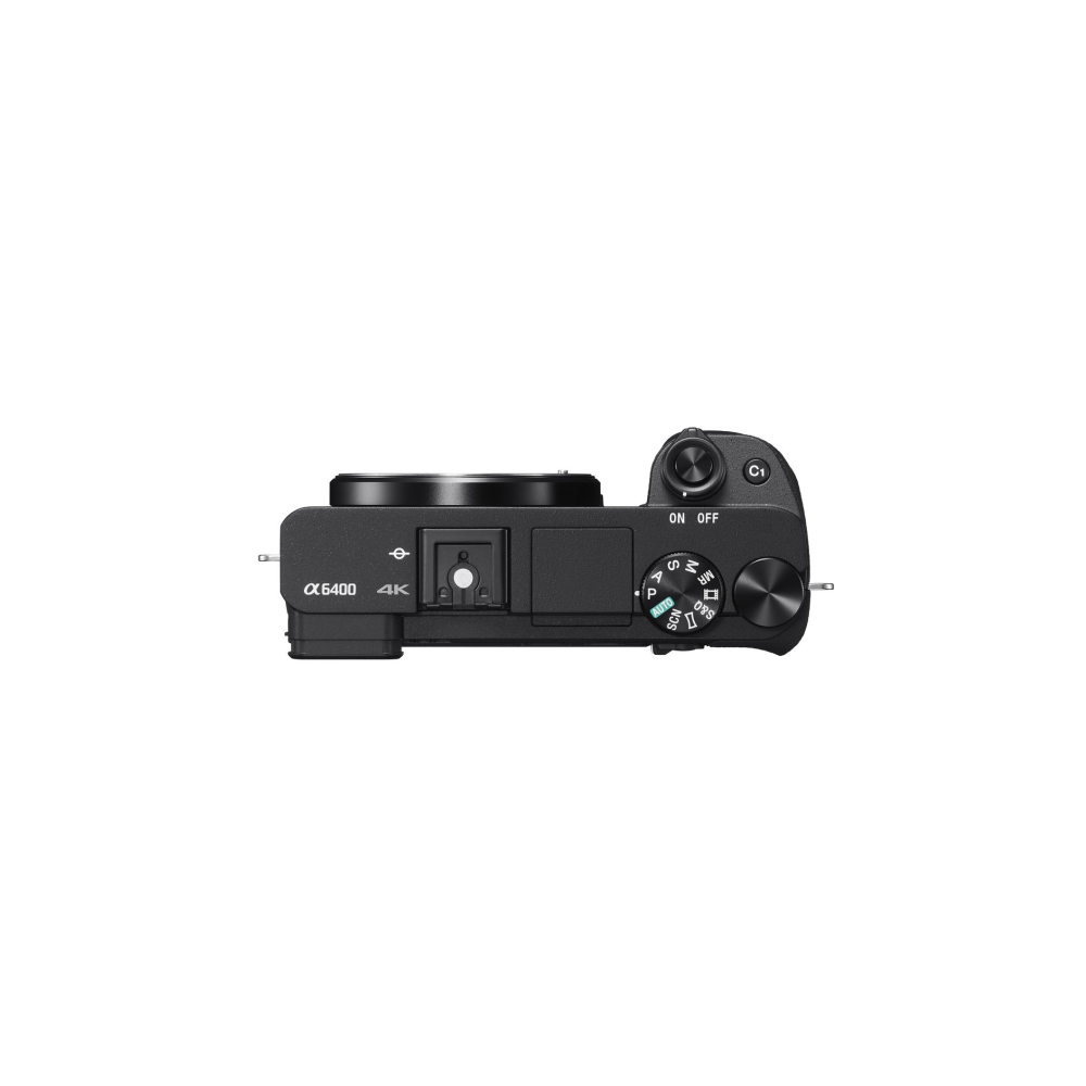 Top view of a black Sony Alpha 6400 camera, showing controls and a dial.