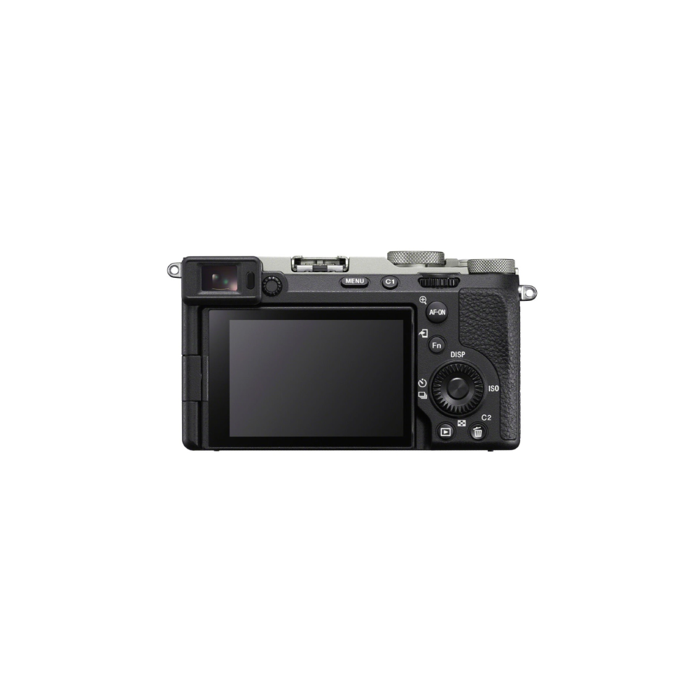 Achterkant van een zwarte Sony camera met LCD-scherm en bedieningsknoppen.