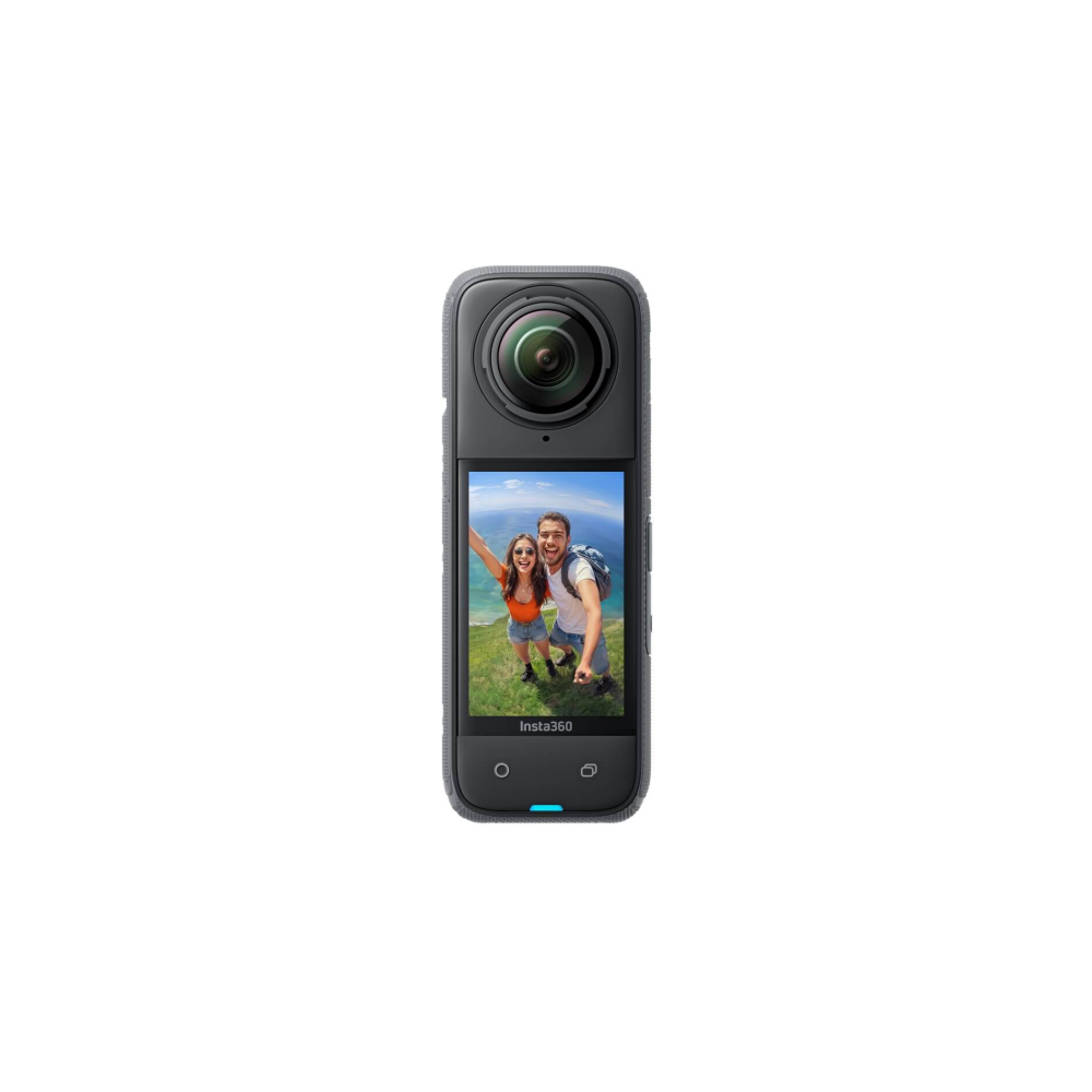 Ein schwarzes Insta360 mit einem Bildschirm, der ein Paar zeigt.