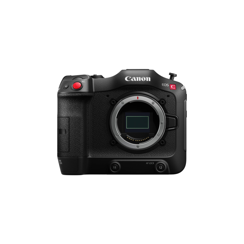 Black Canon EOS C cinema camera with red REC button and lens mount.