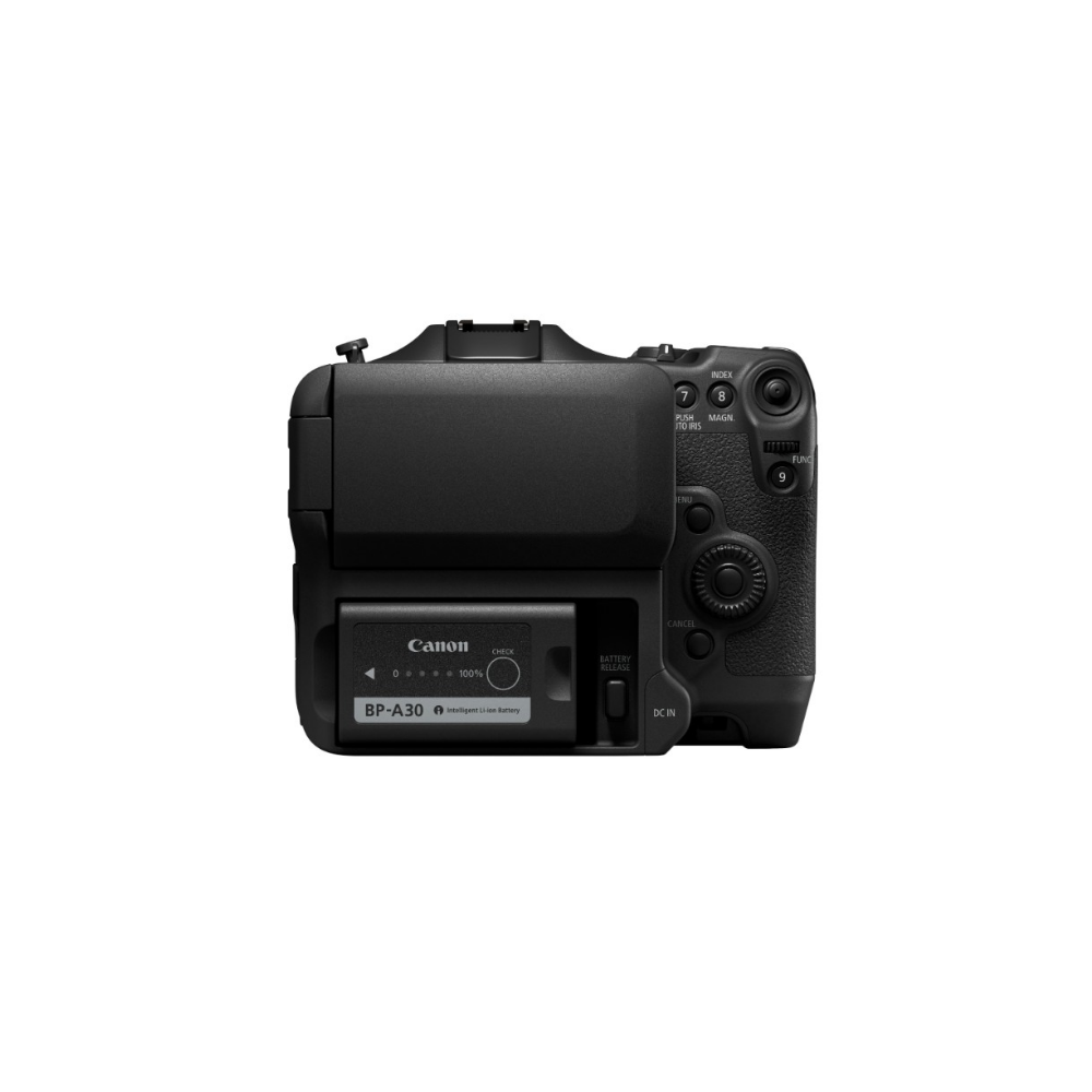 Black Canon camera back view. Battery BP-A30 inserted, 100% charged.