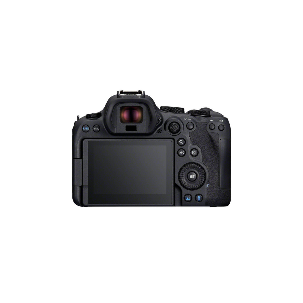 Back view of a black digital camera showing its screen and control buttons.