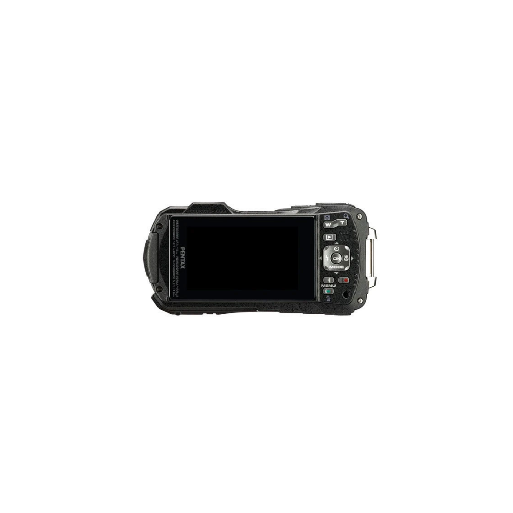 Achterkant van een robuuste, zwarte Pentax digitale camera met LCD-scherm en bedieningsknoppen.