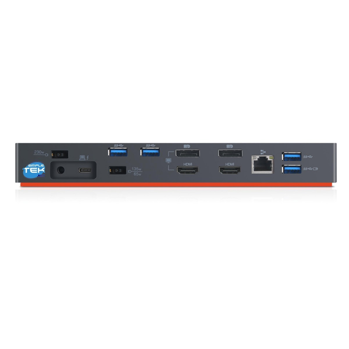 Achterkant van een grijs dockingstation met oranje rand. Poorten: USB, HDMI, Ethernet.
