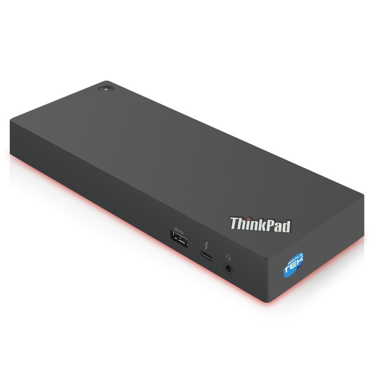 Zwart ThinkPad docking station met USB, Thunderbolt poorten en rode LED verlichting.