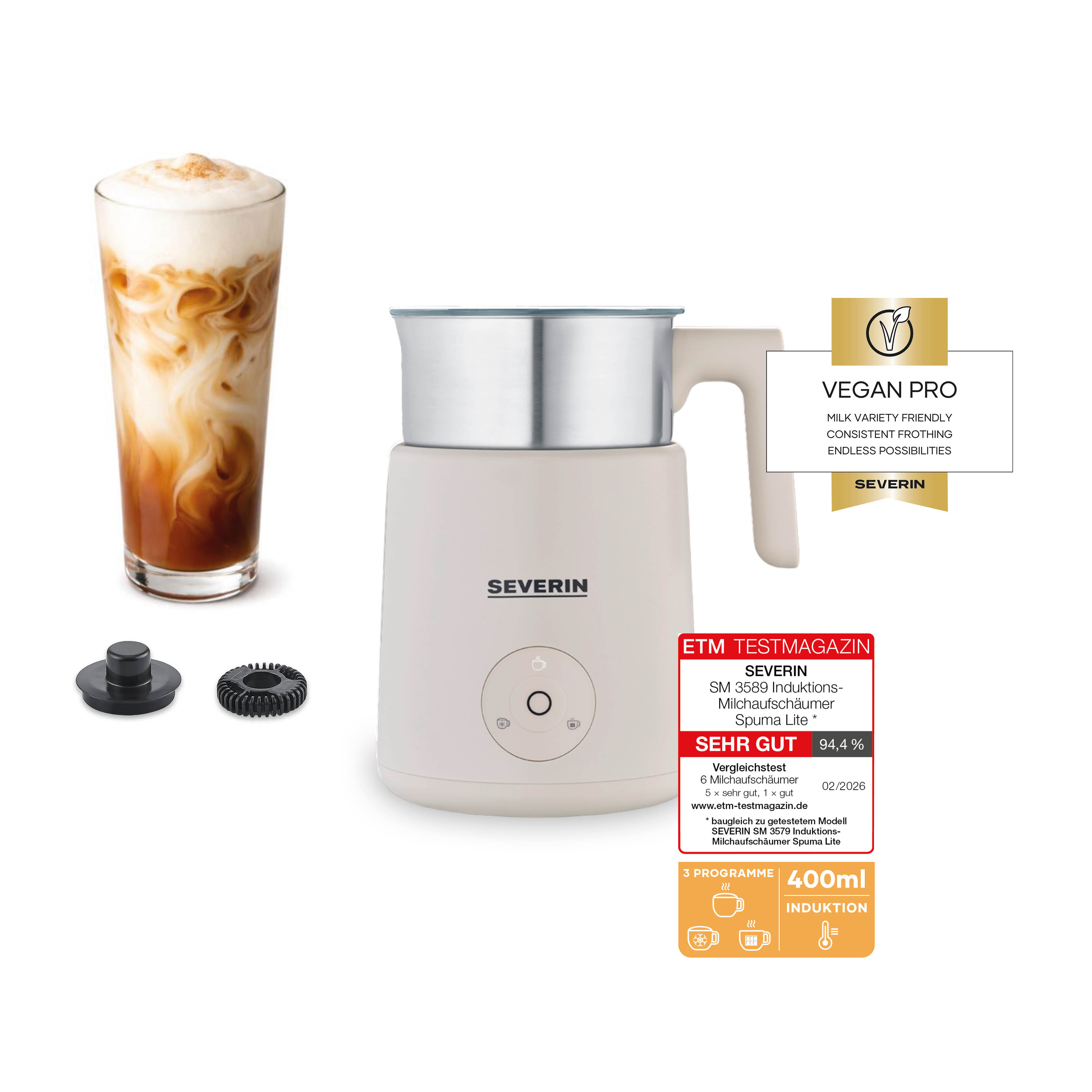 A creamy iced coffee next to a cream-colored Severin milk frother.