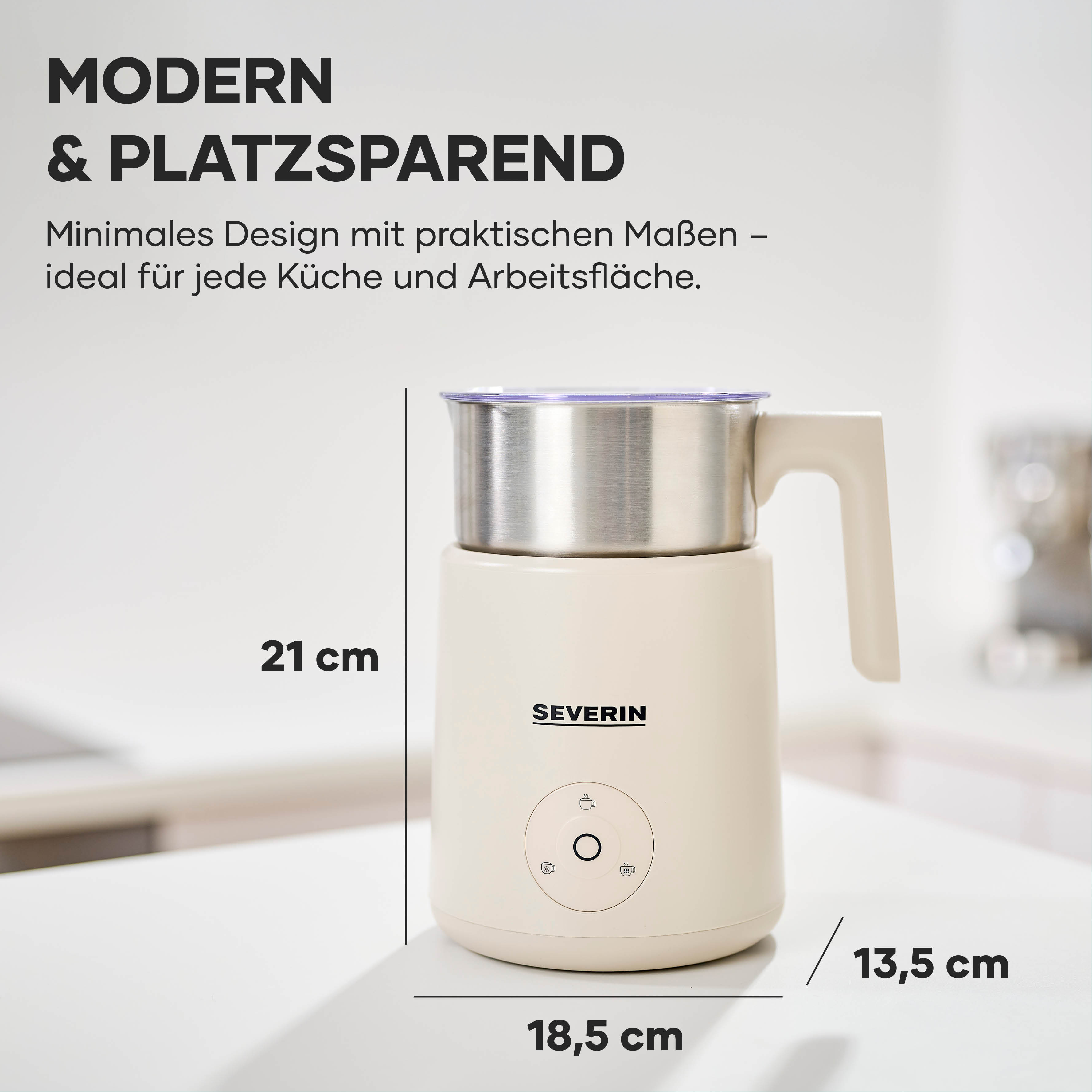 A cream-colored Severin milk frother with a stainless steel jug and dimensions.