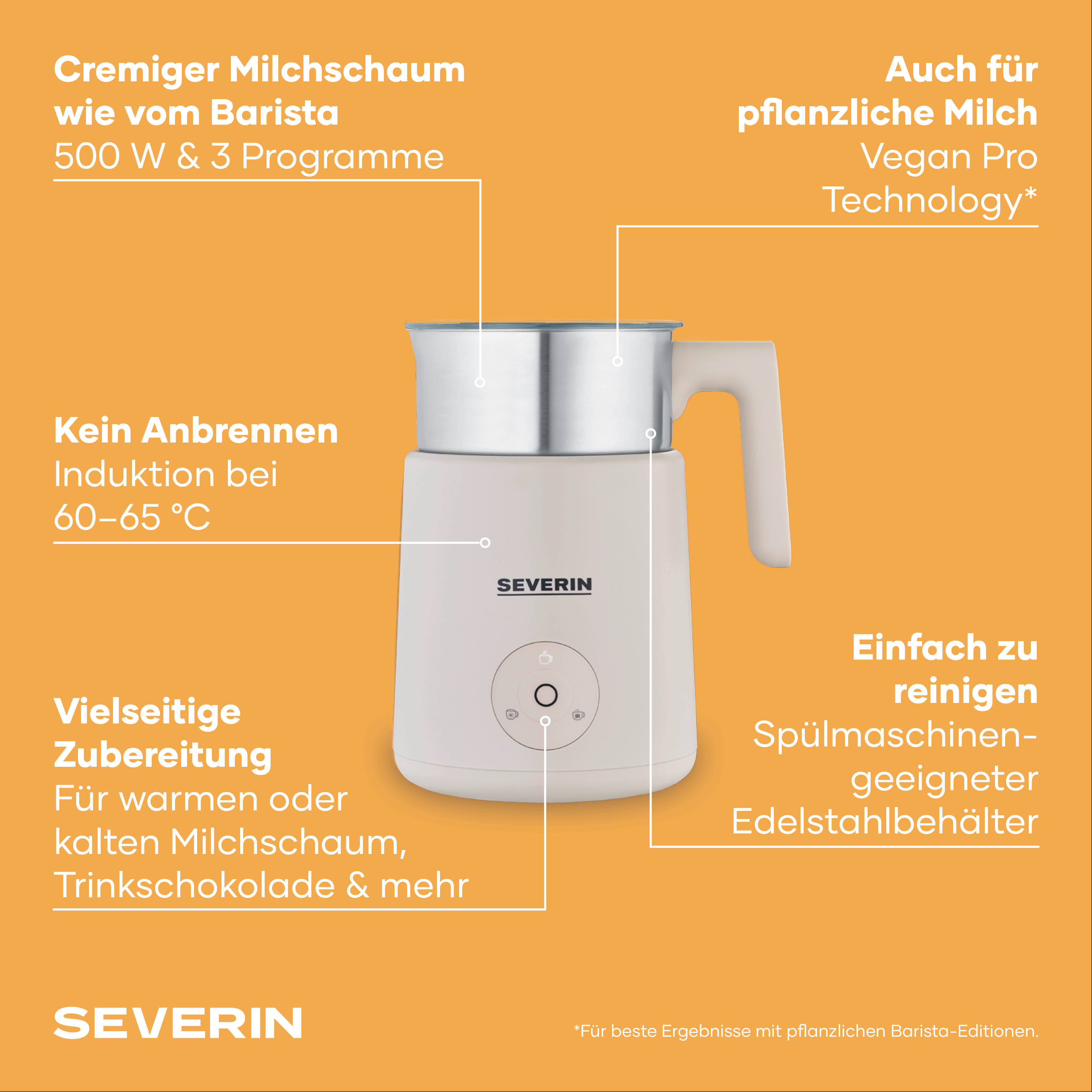 A creamy milk frother by Severin with 500W, induction and stainless steel container.