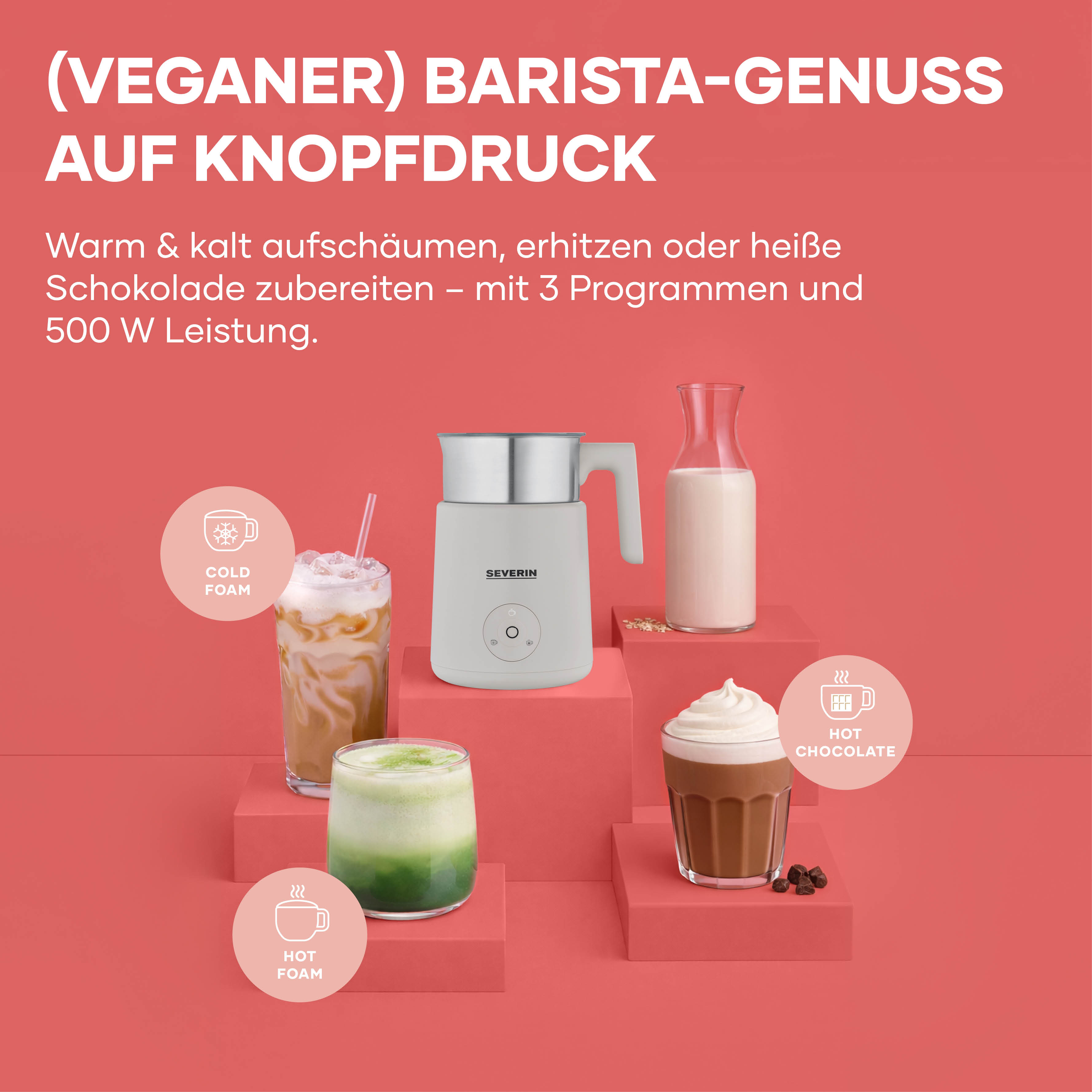 A milk frother with three drinks: cold foam, green latte, and hot chocolate.