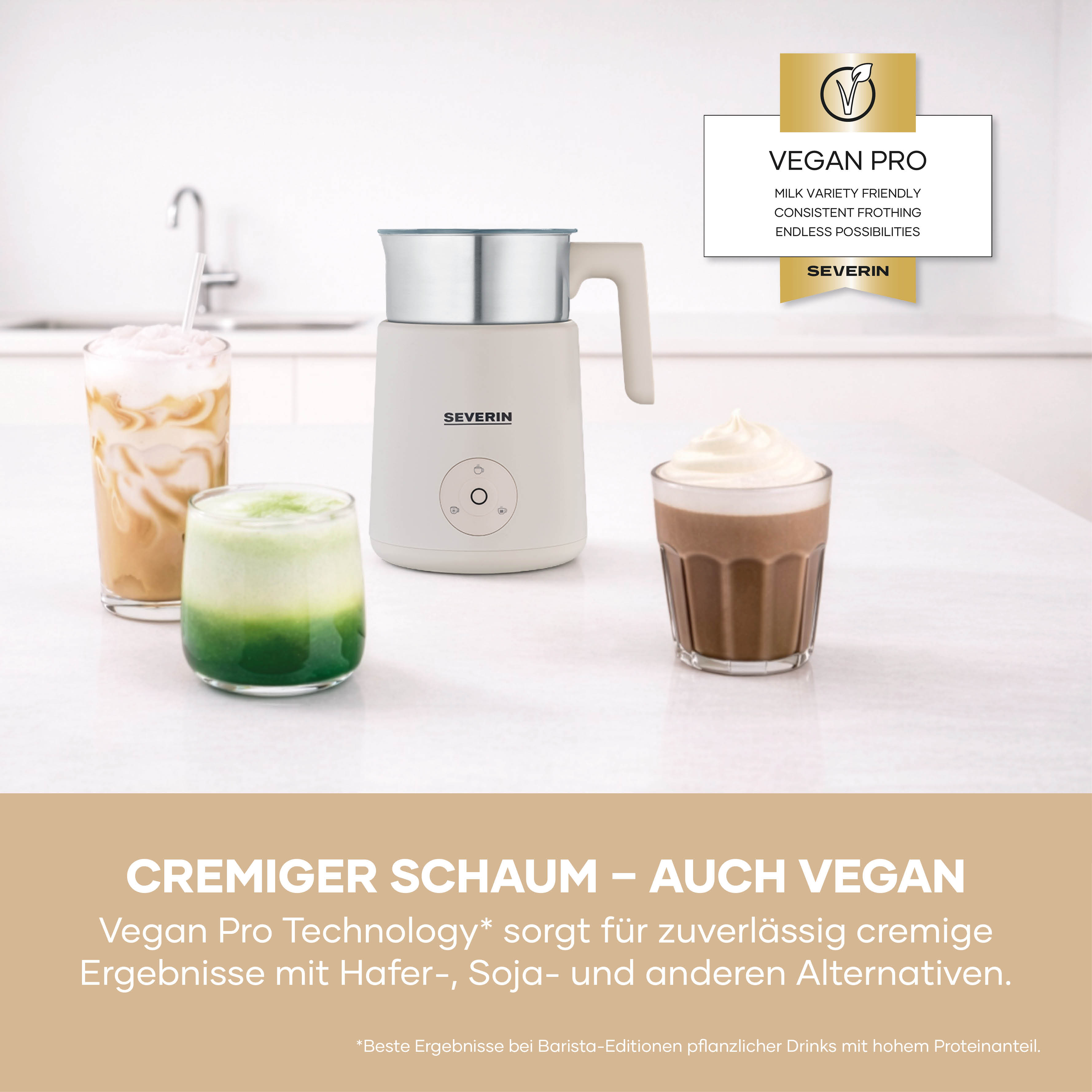 A beige Severin milk frother next to three drinks, including a green smoothie.