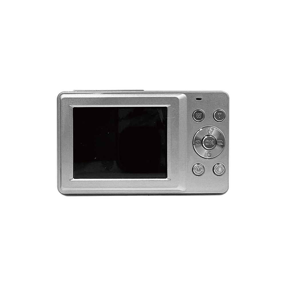 Silver digital camera with a black screen and control buttons.