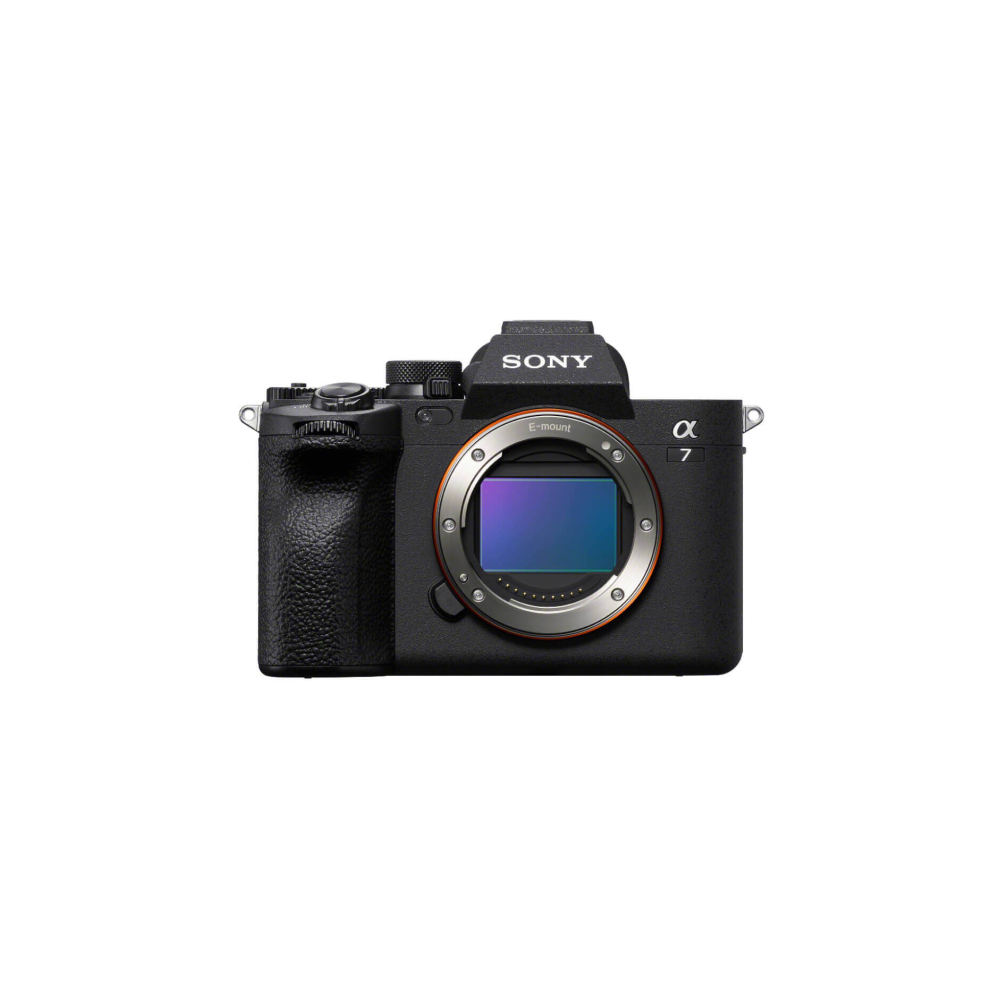 A black Sony Alpha 7 digital camera with its lens mount open.
