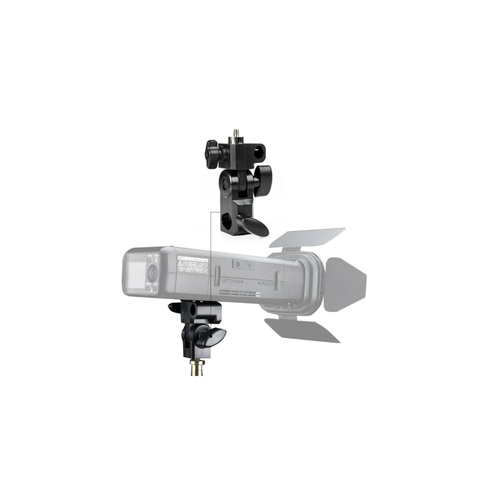 Due supporti per fotocamera in metallo nero attaccati a un'unità flash.