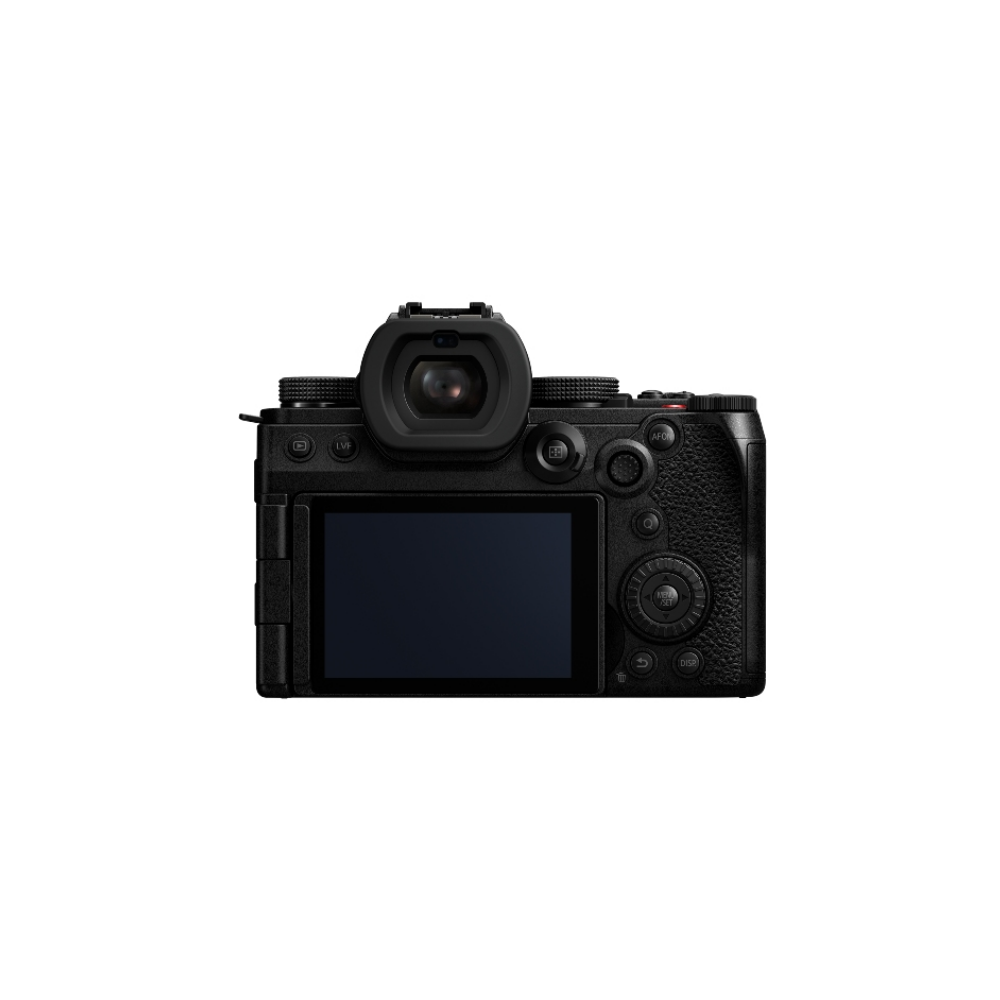 Rear view of a black digital camera, showing the viewfinder, screen, and controls.