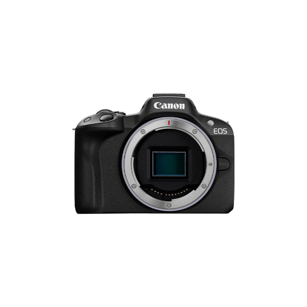 Black Canon EOS camera with open lens mount and sensor visible.