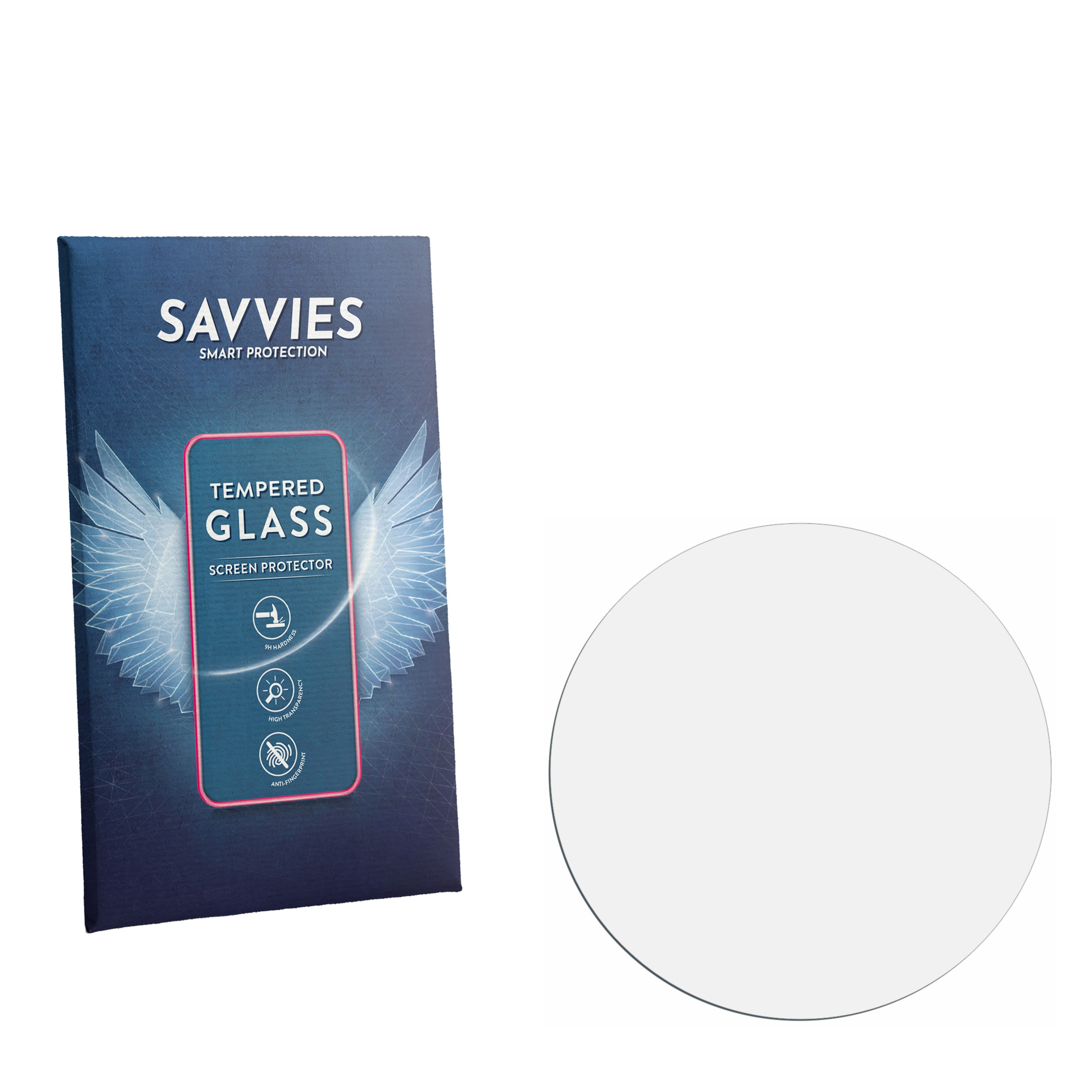Verpackung für gehärtetes Glas Displayschutzfolie mit Flügel-Design, daneben eine runde Glasfolie.