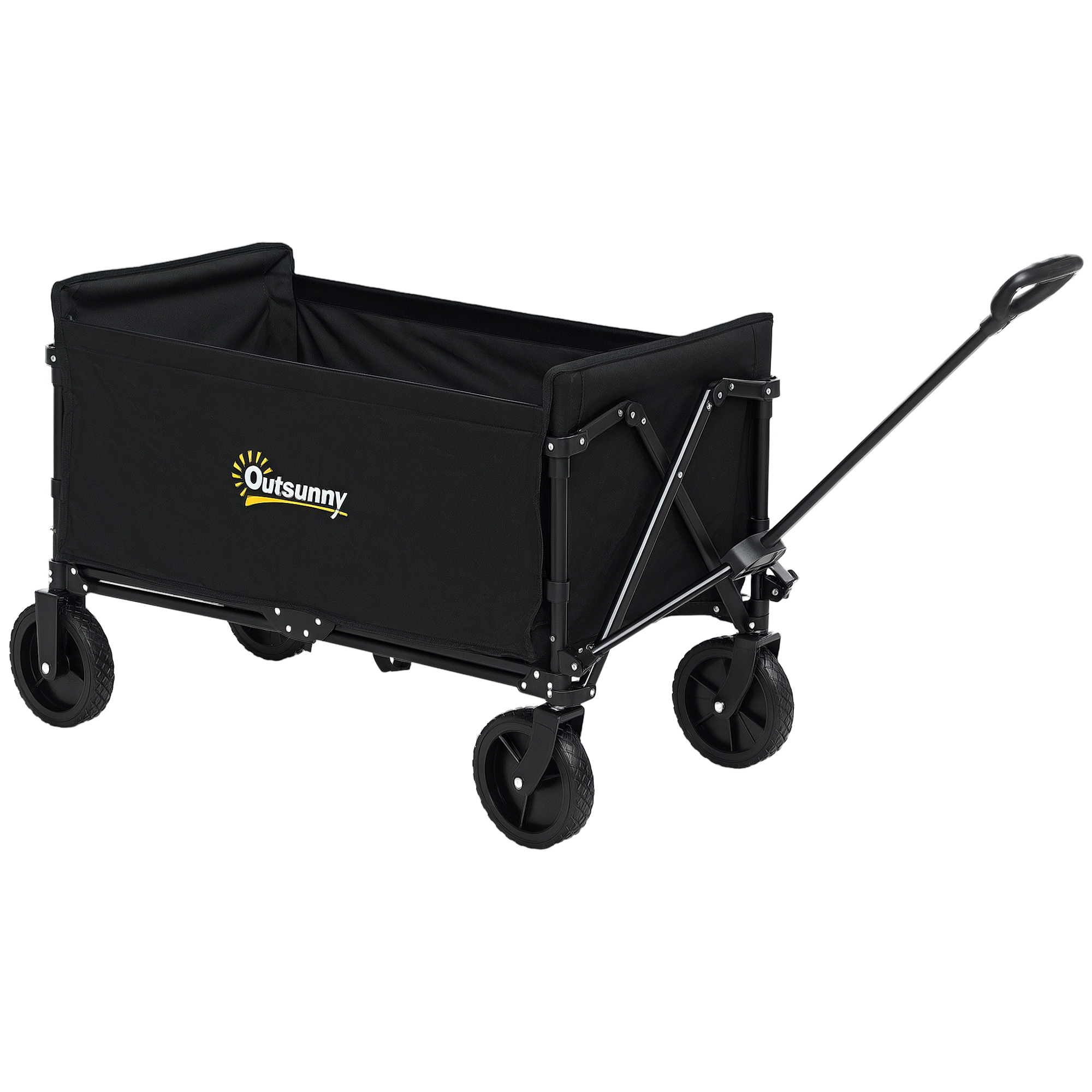 Carrello pieghevole nero con logo Outsunny e quattro ruote.