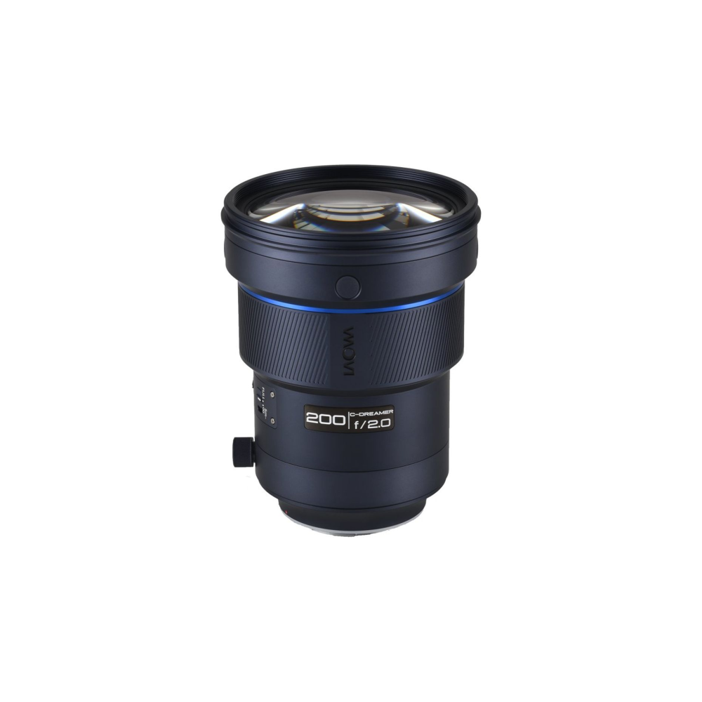 A dark camera lens with blue accents and text markings.