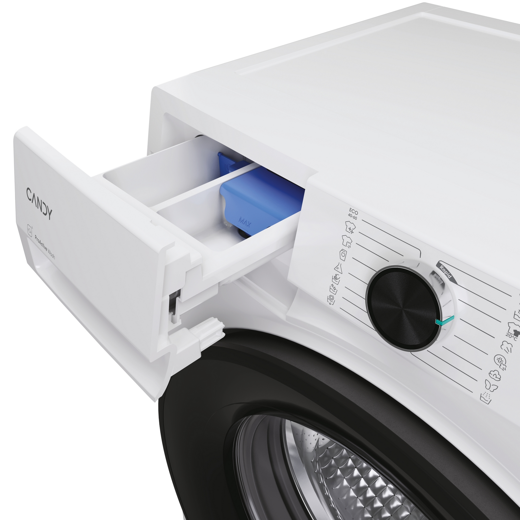 Lavatrice bianca con cassetto detersivo estratto, che mostra inserto blu.