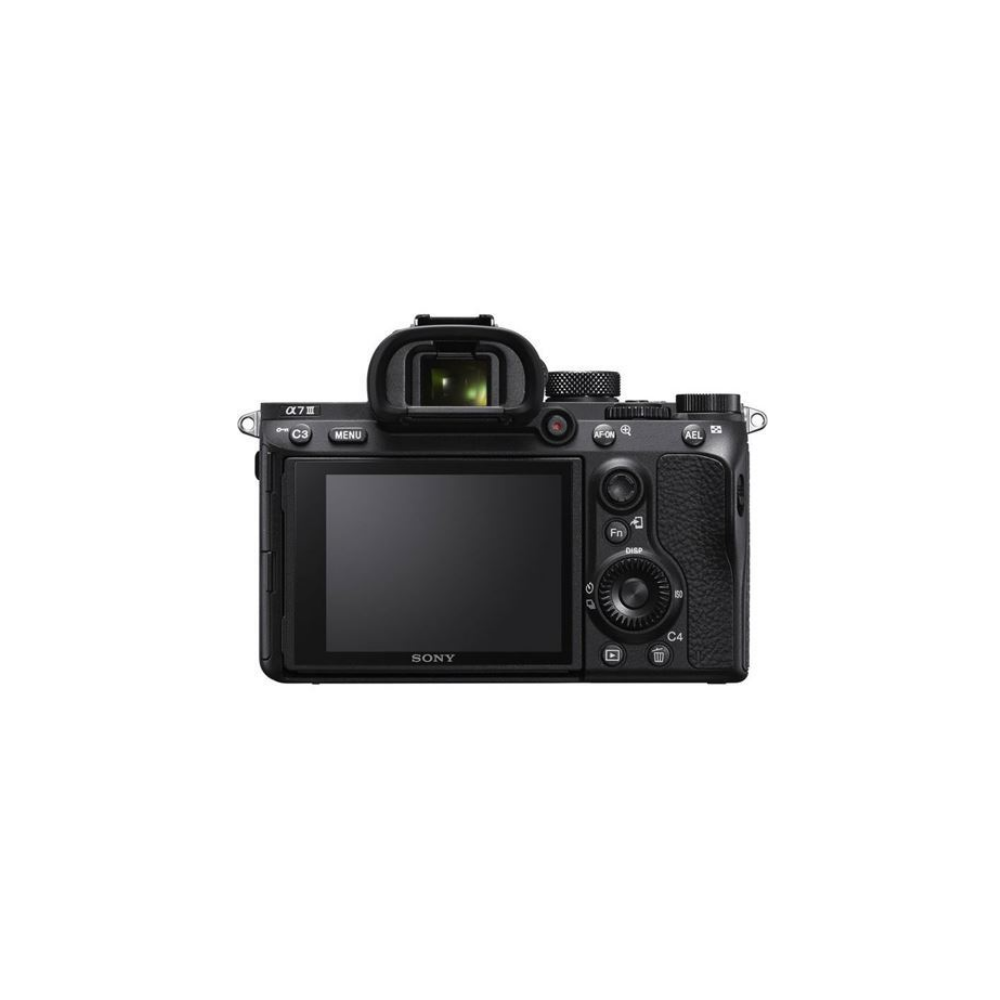 Achterkant van een zwarte Sony Alpha a7 III camera met scherm en knoppen.
