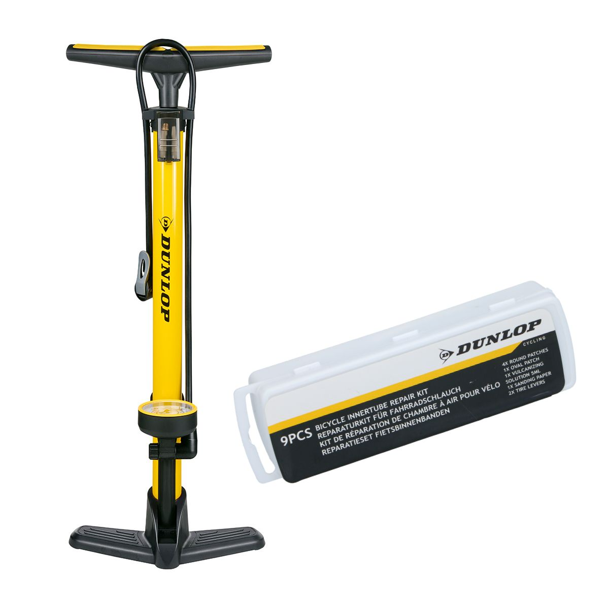 Yellow Dunlop bicycle pump and repair kit.