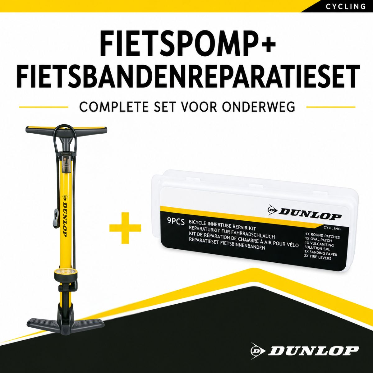 Yellow Dunlop bicycle pump and 9-piece repair kit for on the go.