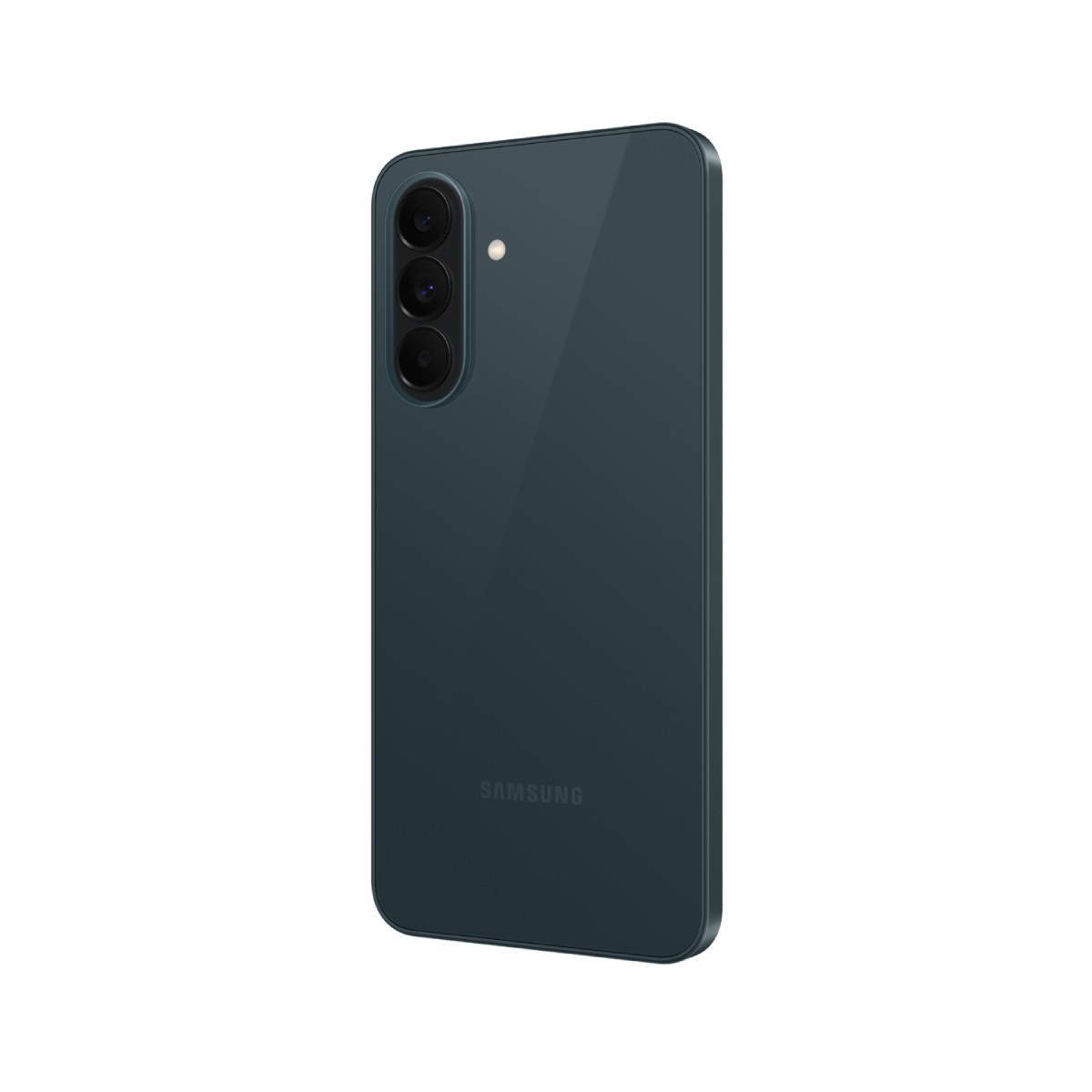 Rückseite eines dunklen Samsung Smartphones mit drei Kameras und Blitz.