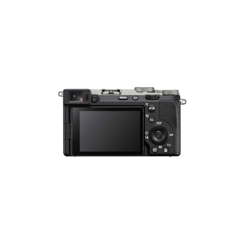 Achterkant van een zwarte digitale camera met LCD-scherm en bedieningsknoppen.