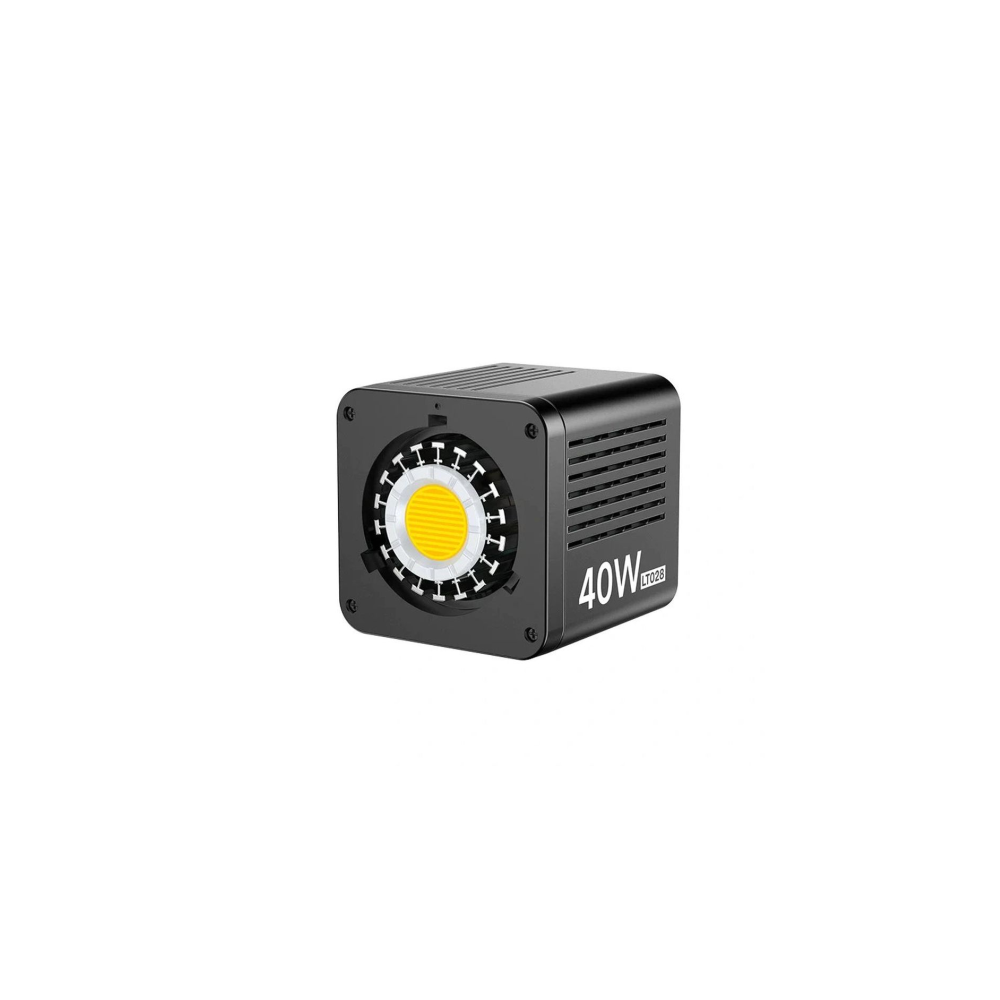 A small, black cube LED light with a yellow center, labeled 40W.