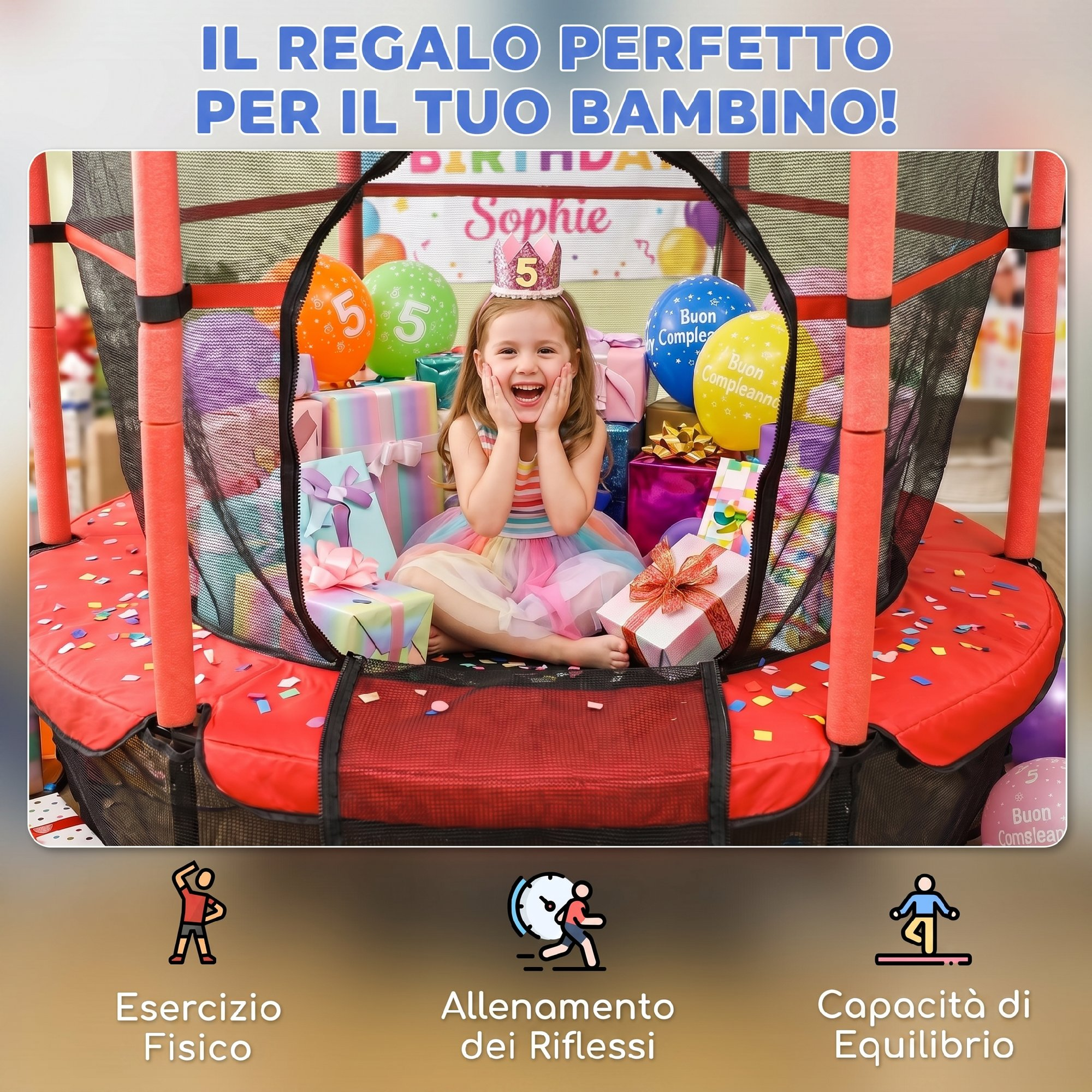 Una bambina festeggia il compleanno circondata da regali e palloncini.