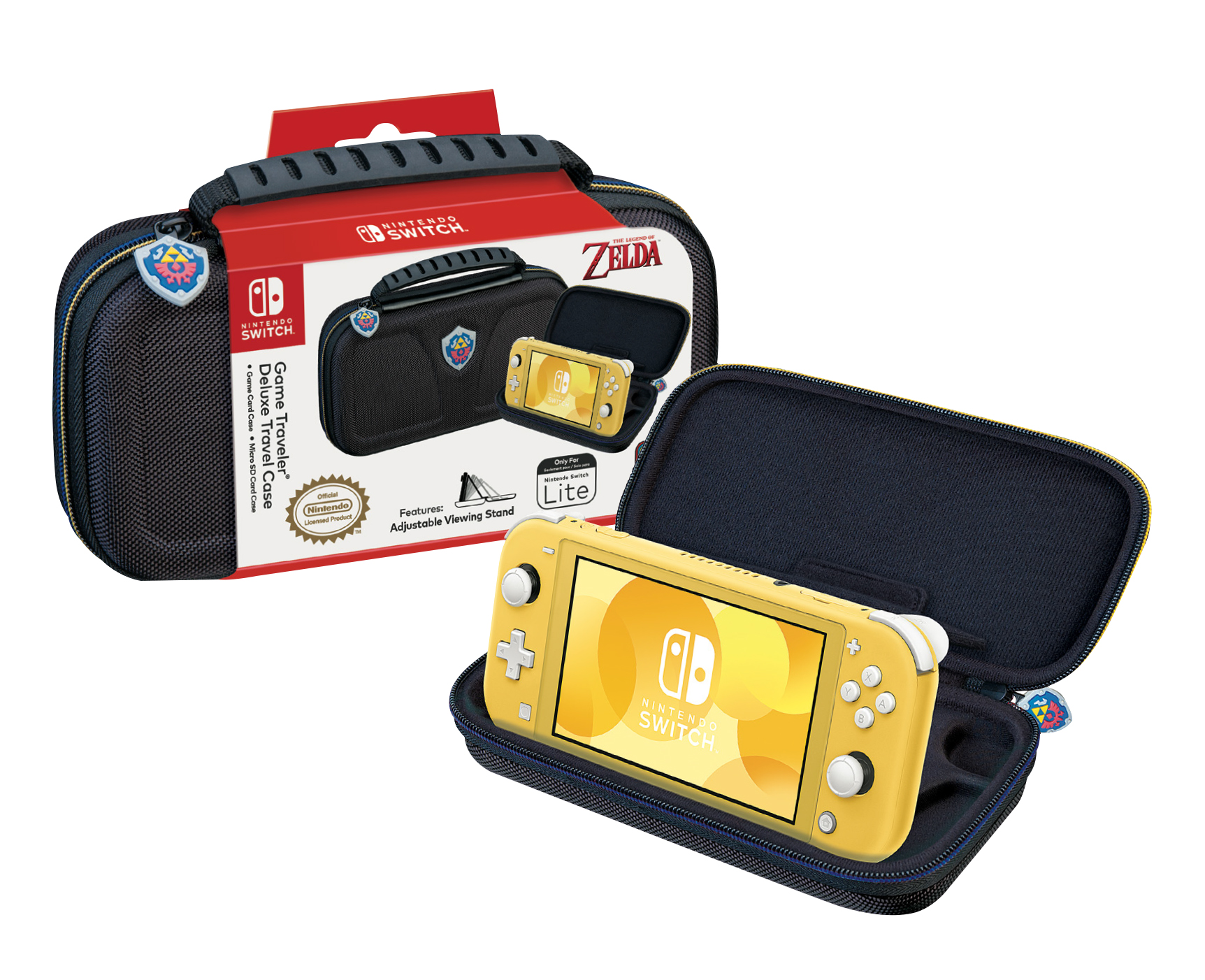 Żółta konsola Nintendo Switch Lite w otwartym czarnym etui podróżnym z motywem Zeldą.