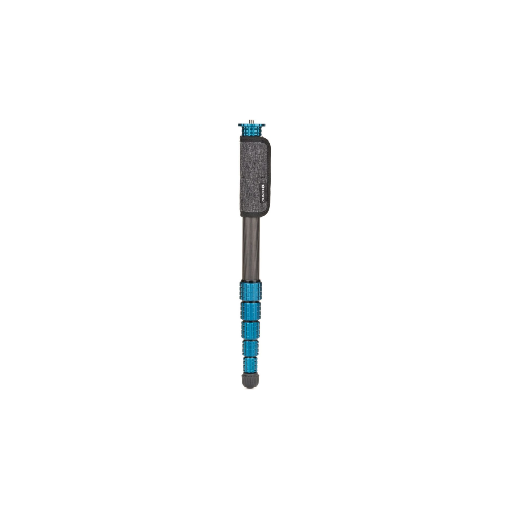 Een monopod met blauw-grijze segmenten en een grijze handgreep met logo.