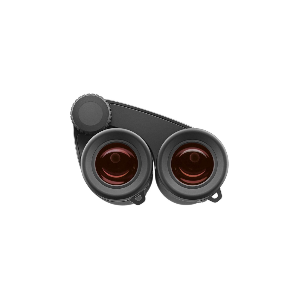 Black binoculars with red lenses and a focus wheel.