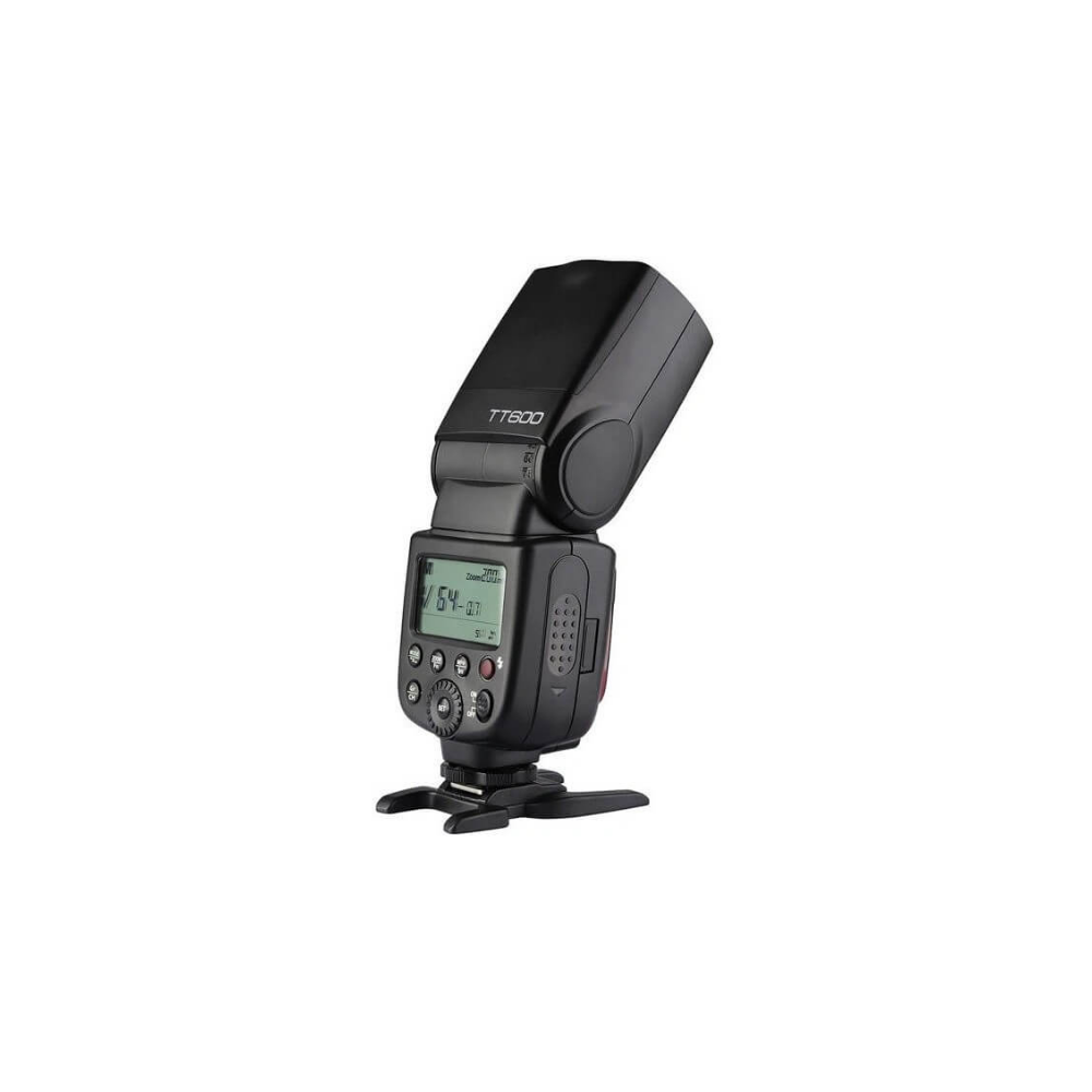 Een zwarte cameraflitser met LCD-scherm en bedieningselementen, op een standaard.