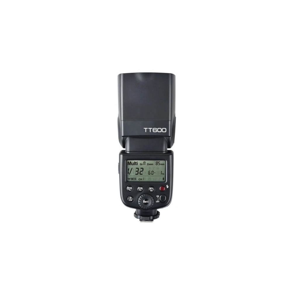 Een zwarte TT600 cameraflitser met LCD-scherm en bedieningselementen, geïsoleerd.