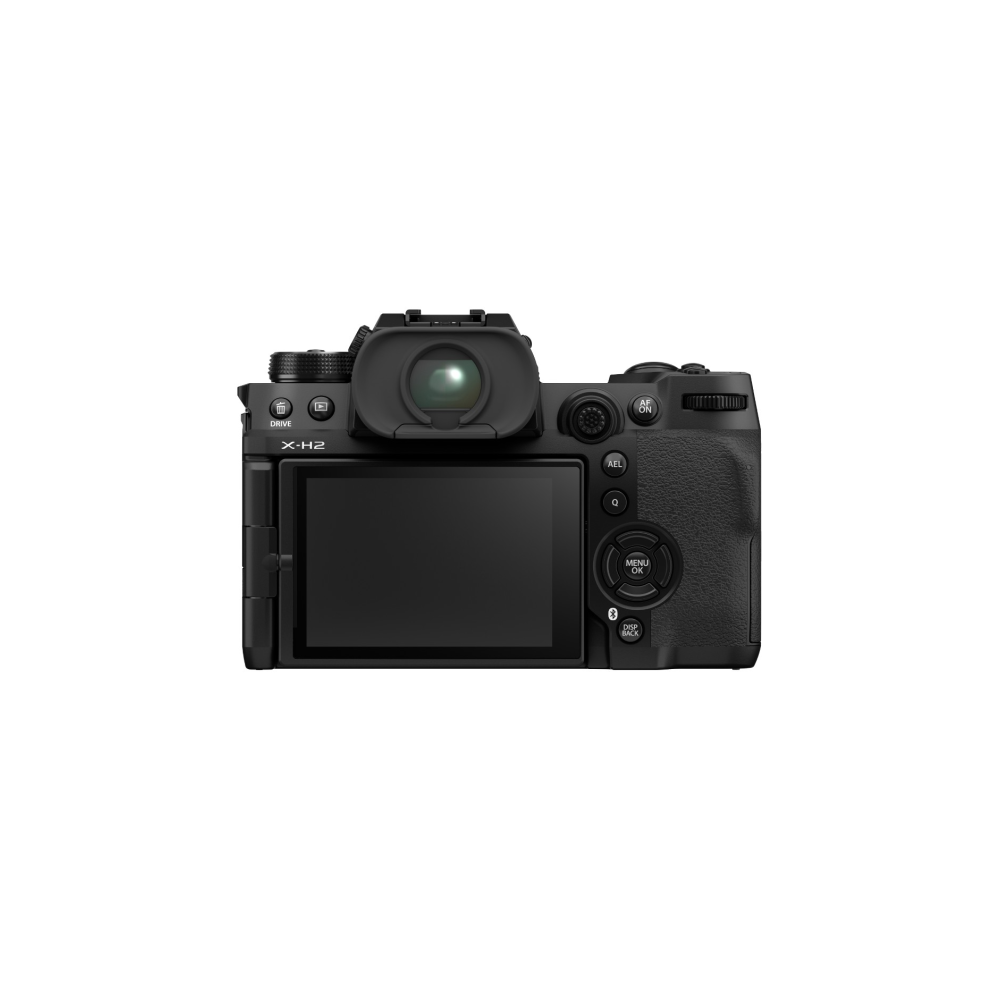 Achterkant van een zwarte Fujifilm X-H2 digitale camera met een uitklapscherm.