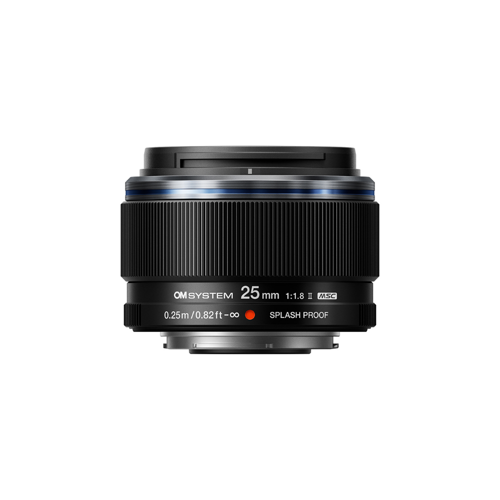 Black OM SYSTEM 25mm 1:1.8 II MSC lens with blue rings.
