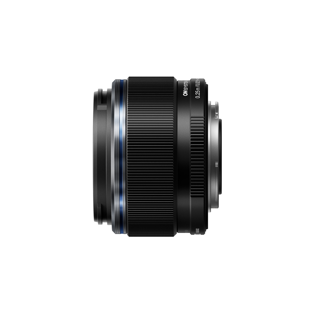 Black camera lens with blue accents and ribbed rings on a white background.
