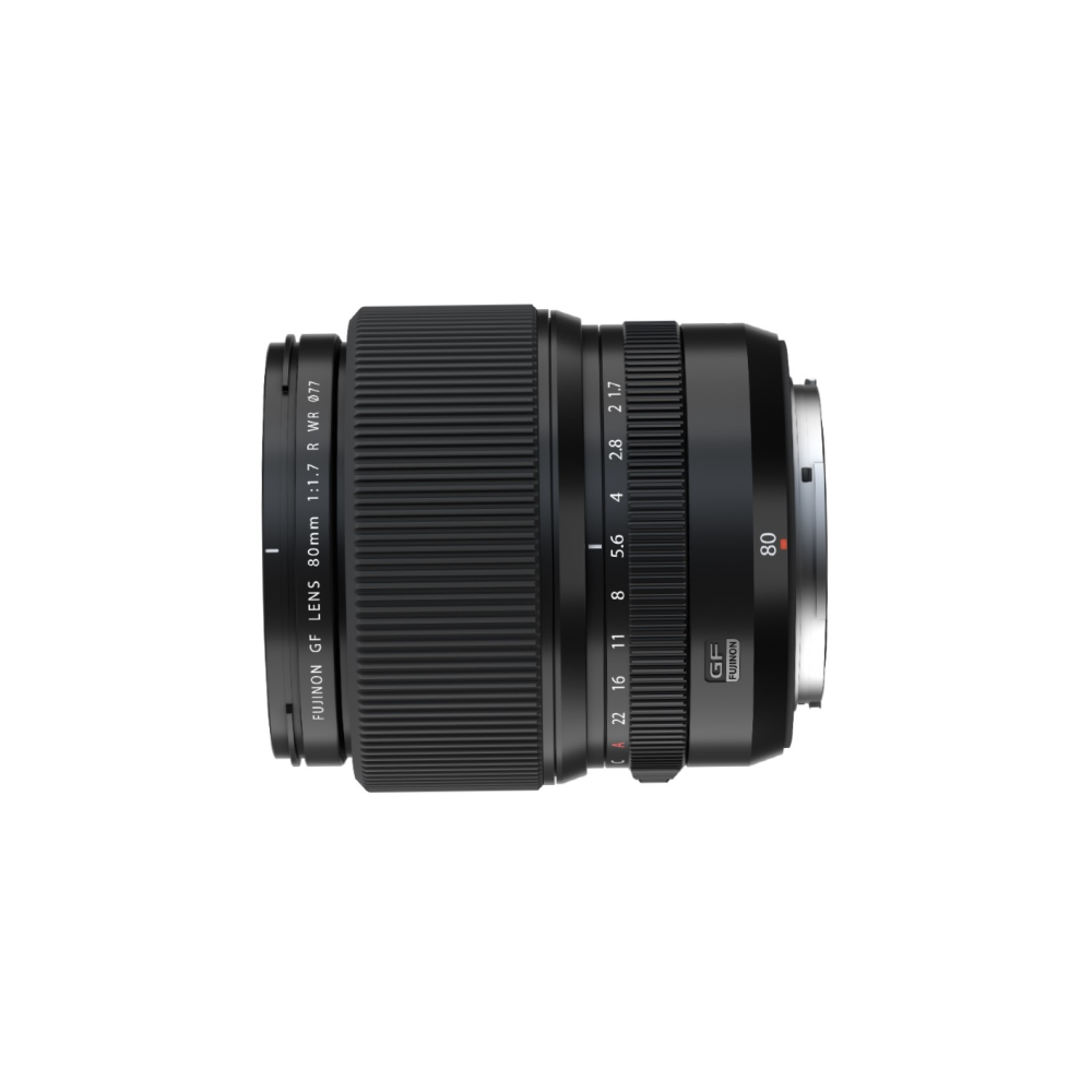 Obiettivo Fujinon GF 80mm 1:1.7 R WR nero con ghiera dei diaframmi.