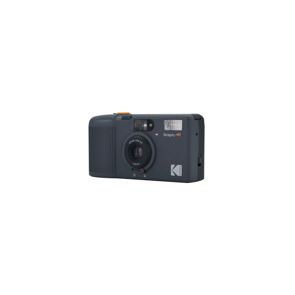 Donkergrijze Kodak Snappy A1 compactcamera met flitser en lens.